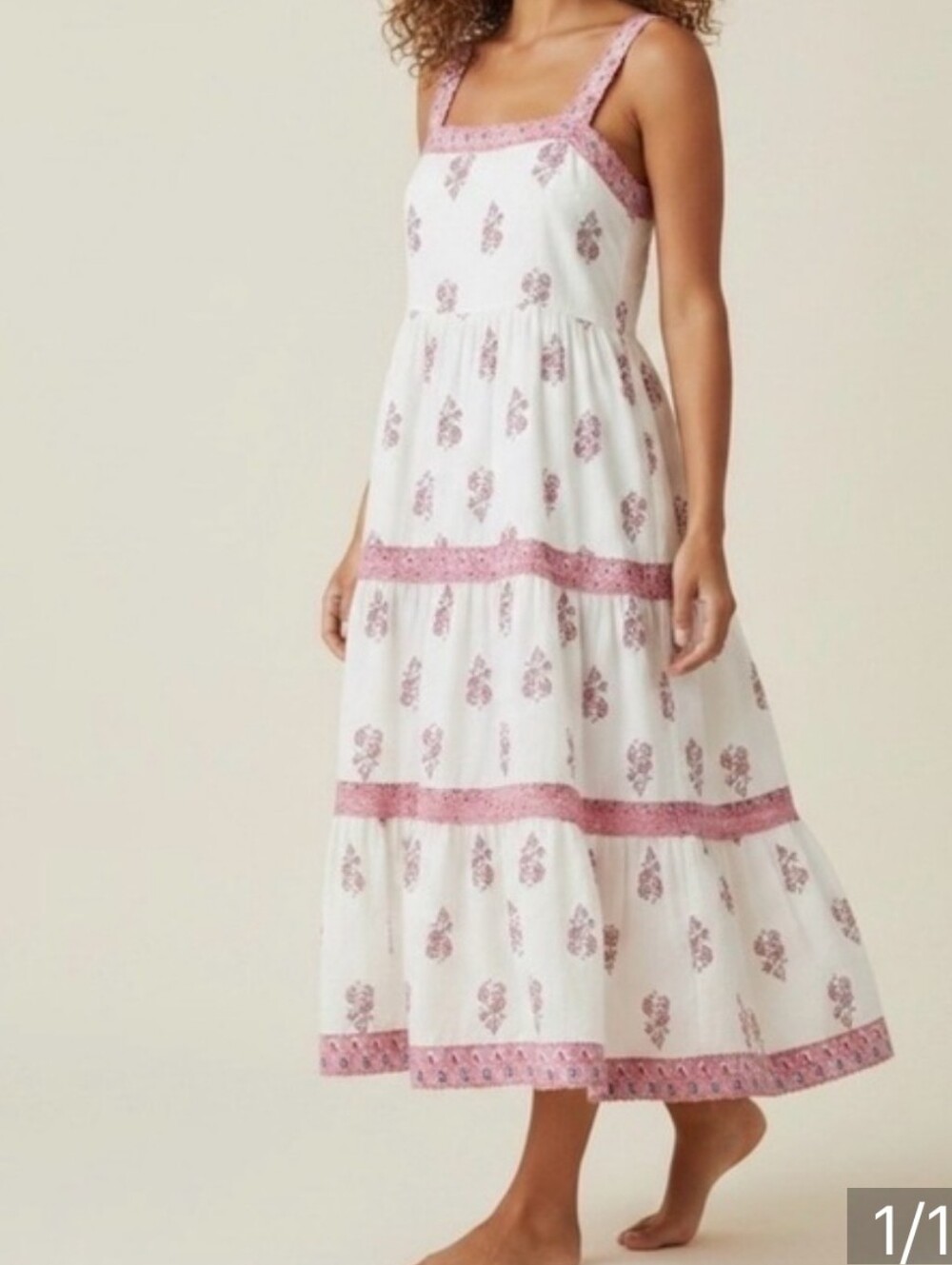 J. Crew White Tiered Midi/maxi Dress with Pink Floral Trim Size 10